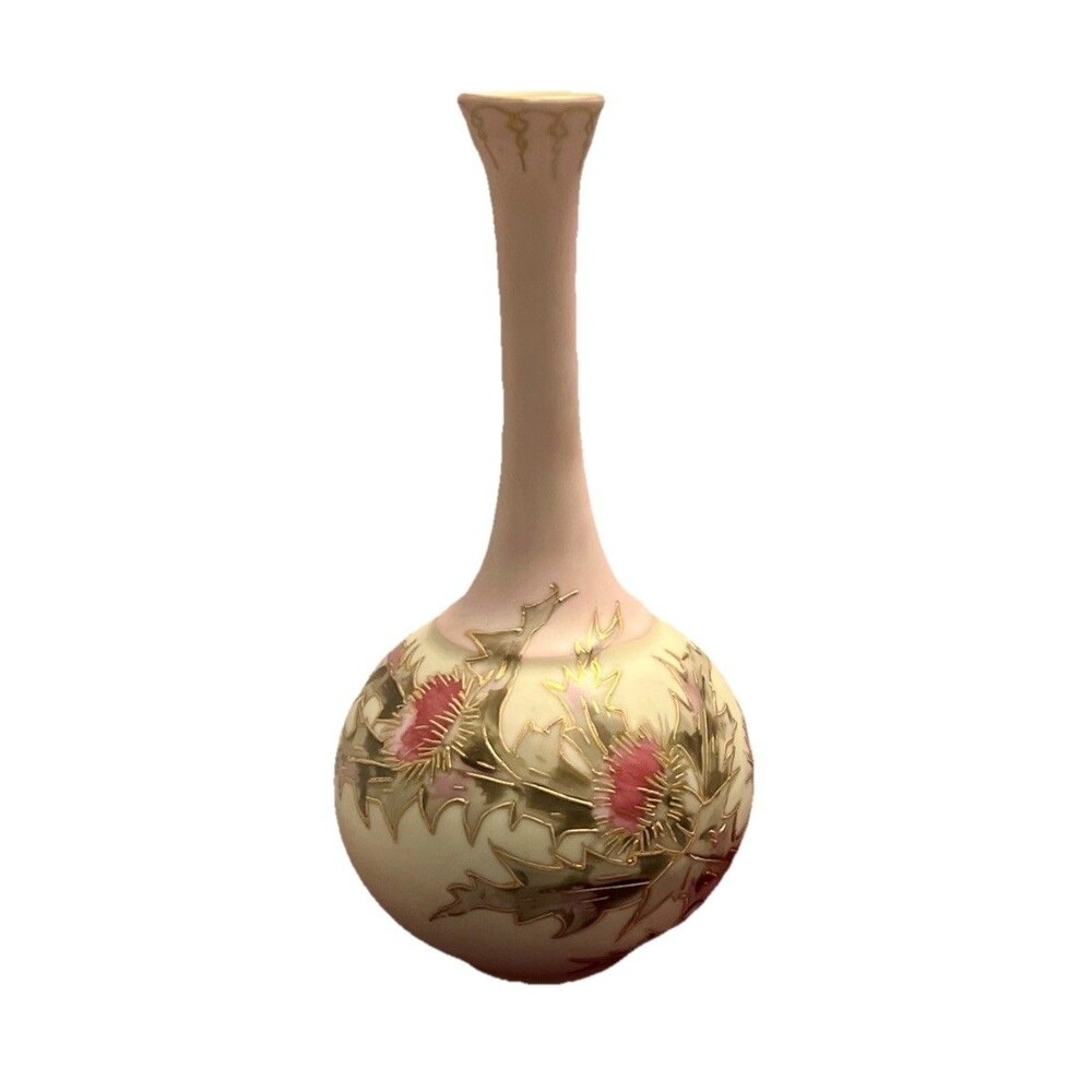 VTG Hand Painted Satin Finish Porcelain  Vase Gold Accented Thistle EUC